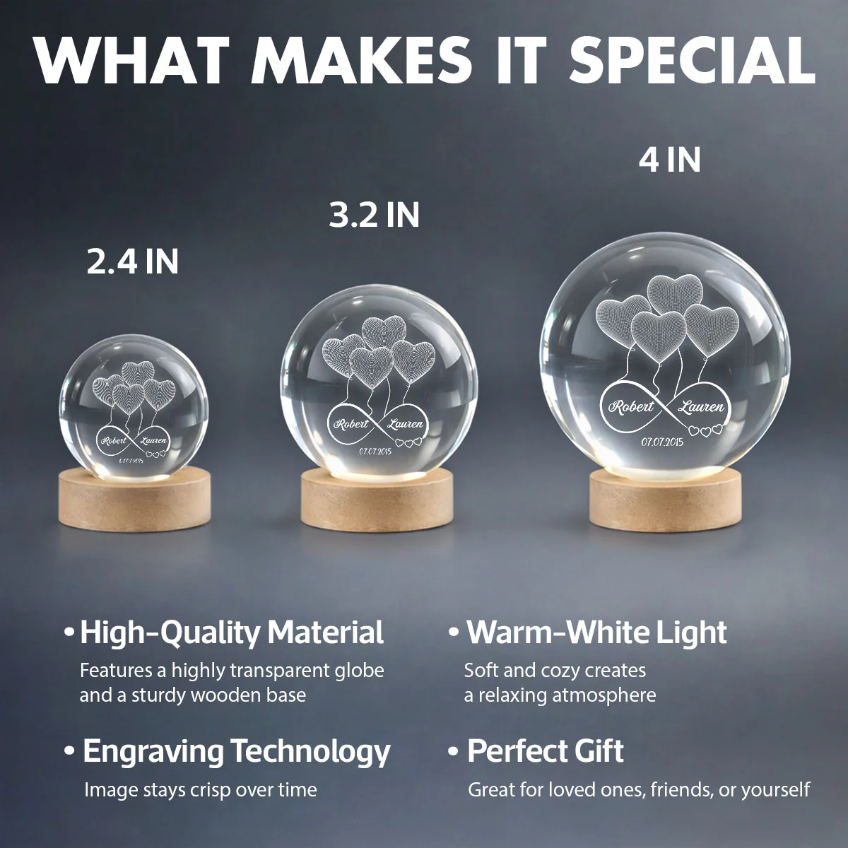 Couple Infinity Love Heart Balloon - Personalized Crystal Ball LED Night Light - Sentimental Gift for Her, for Him, Couple Keepsake - Image 9