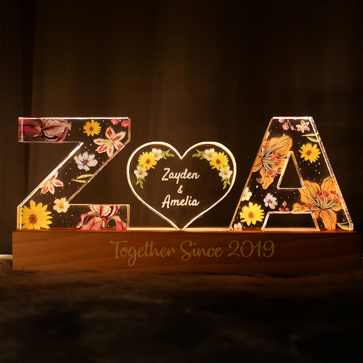 Couple Initial Letter, Flower Birth Month, Personalized LED Night Light, Romantic Gift for her, Gift for him