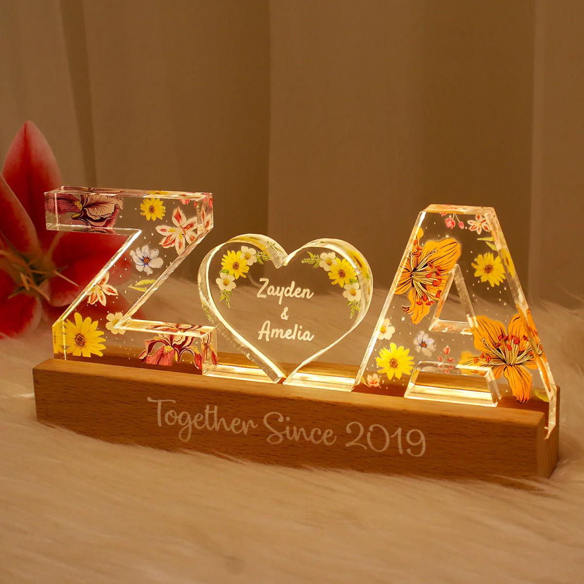 Couple Initial Letter, Flower Birth Month, Personalized LED Night Light, Romantic Gift for her, Gift for him - Image 3