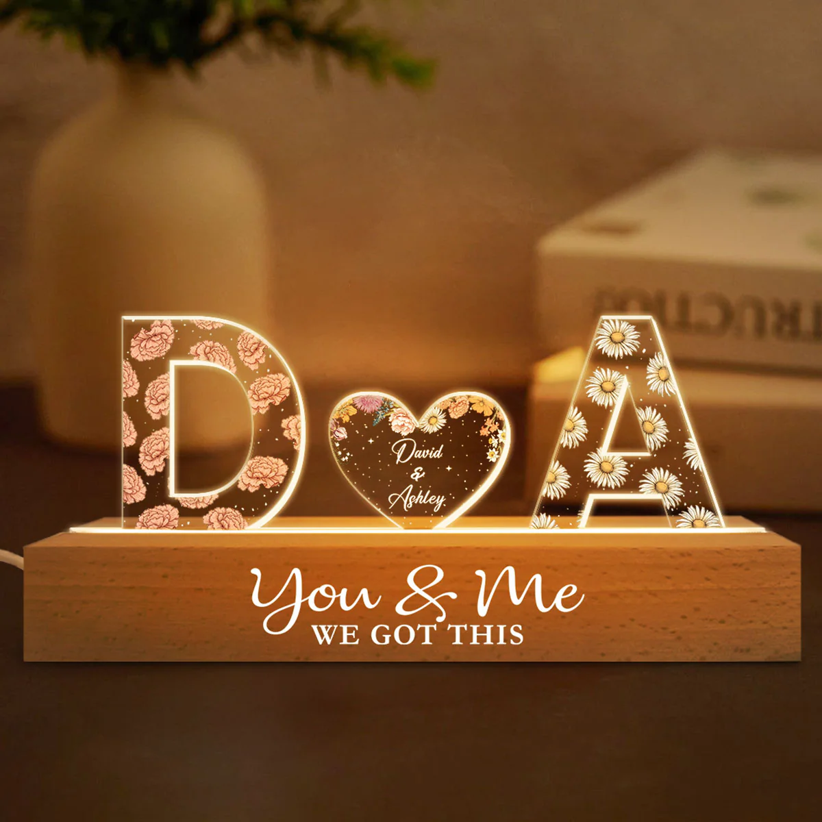 Couple Initials Birth Month Flower Anniversary Gift Personalized Acrylic Block LED Night Light - Image 2