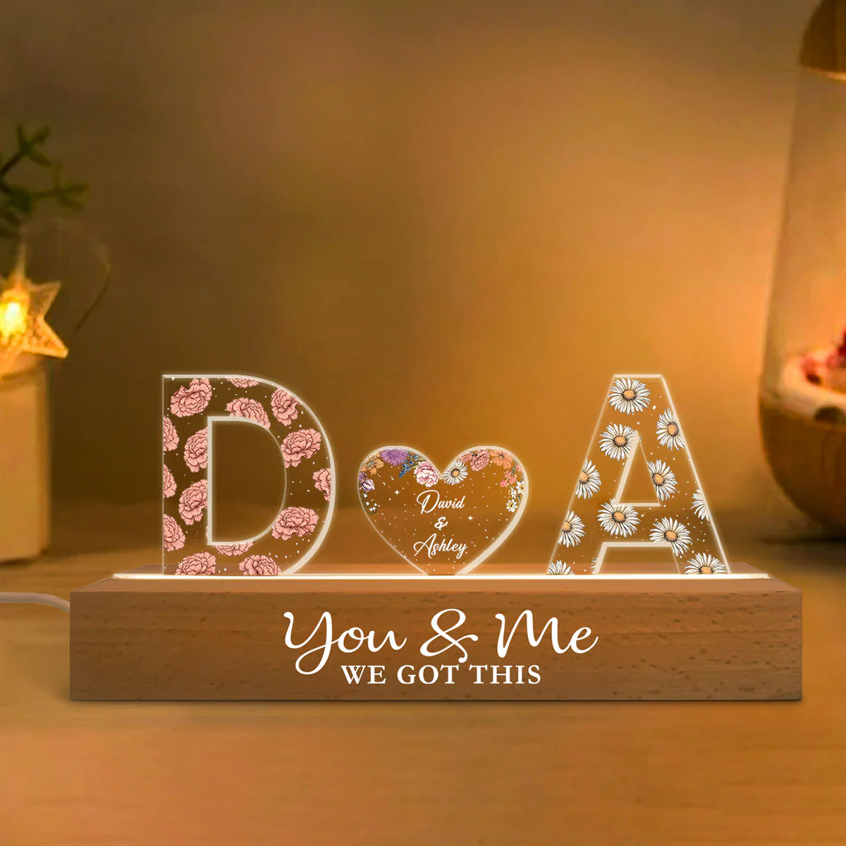 Couple Initials Birth Month Flower Anniversary Gift Personalized Acrylic Block LED Night Light - Image 3