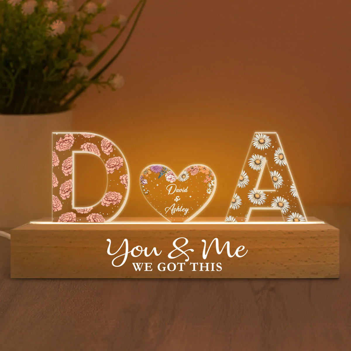 Couple Initials Birth Month Flower Anniversary Gift Personalized Acrylic Block LED Night Light - Image 4