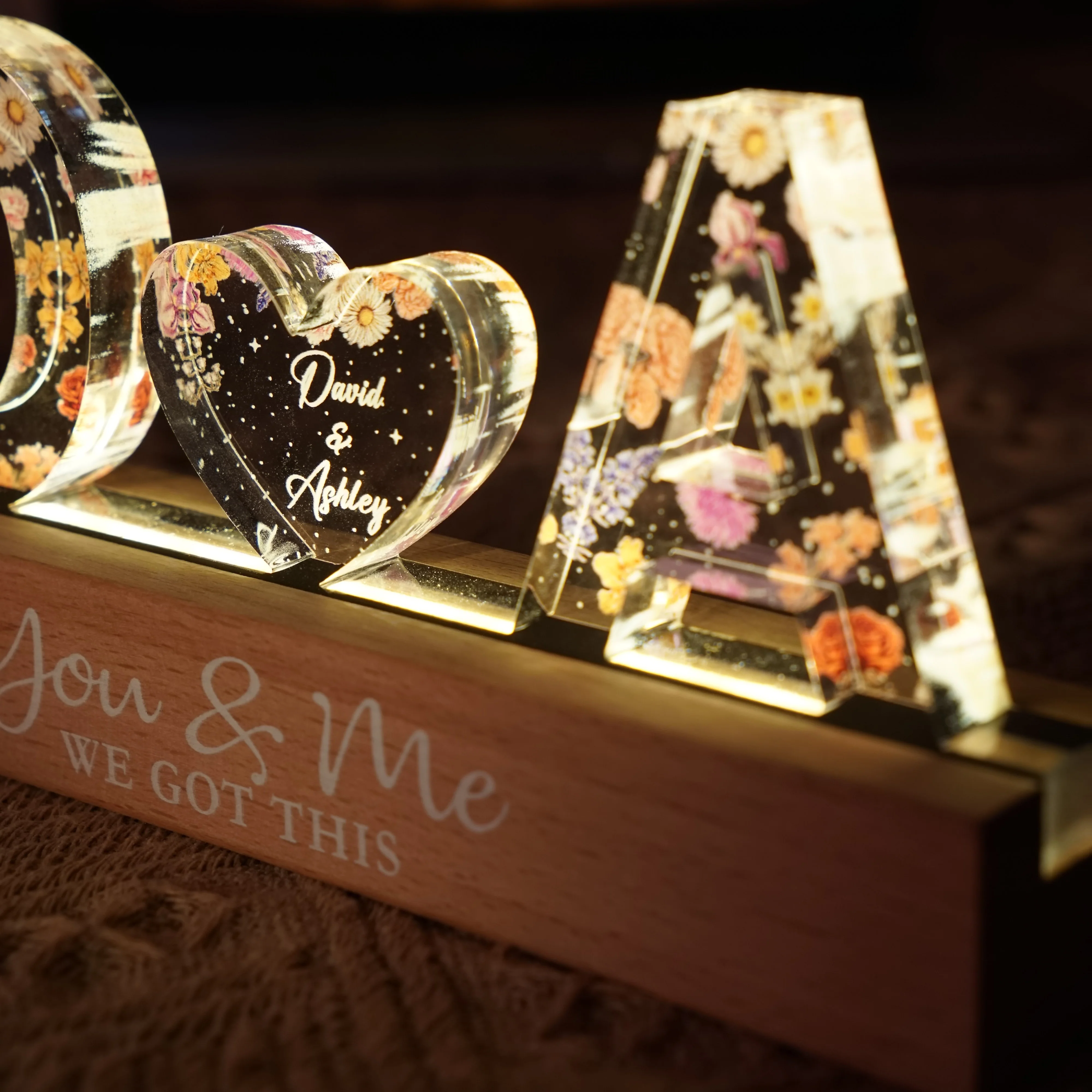 Couple Initials Floral Theme - Personalized Acrylic Block Plaque LED Night Light - Gift For Her, Gift For Him - Image 3