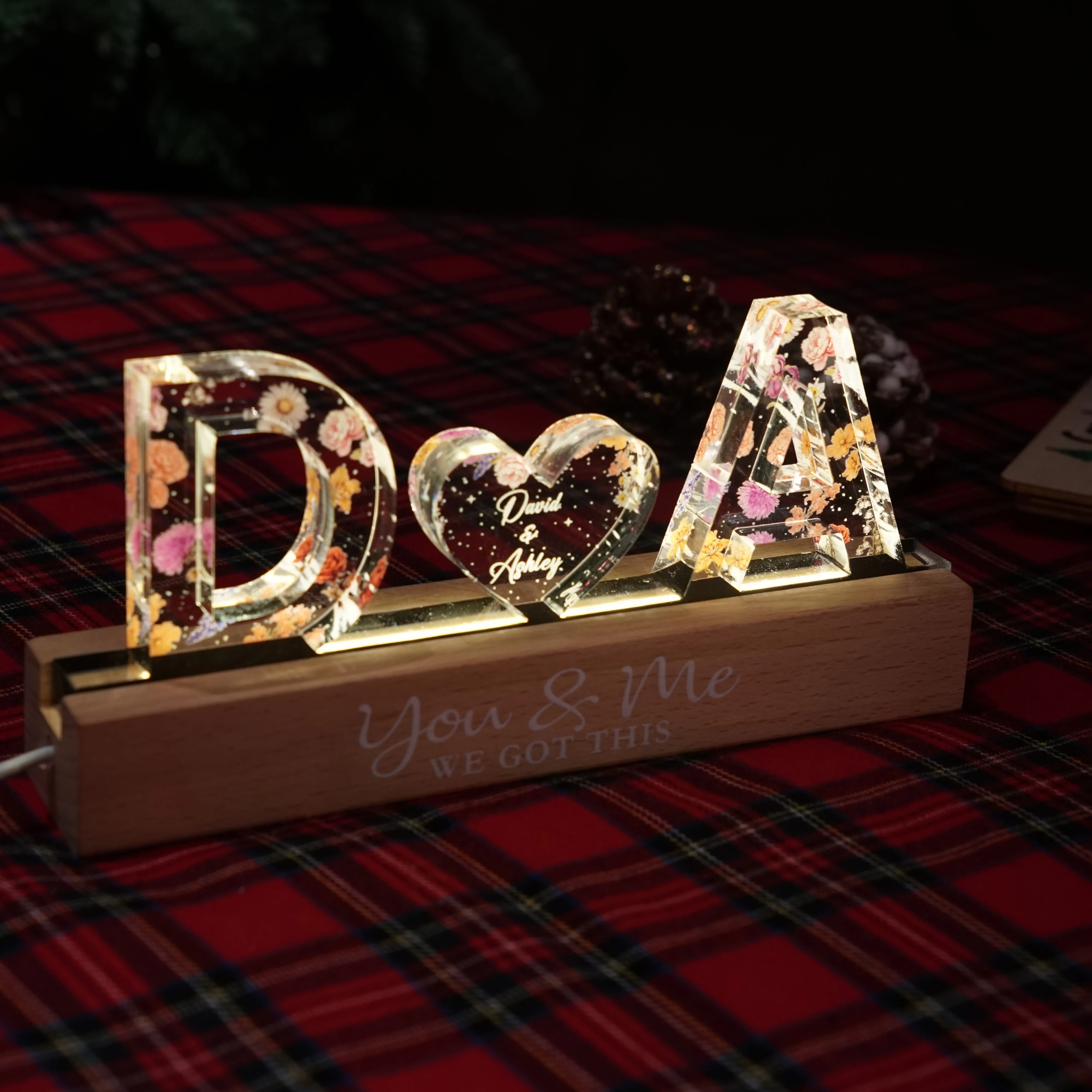 Couple Initials Floral Theme - Personalized Acrylic Block Plaque LED Night Light - Gift For Her, Gift For Him - Image 4