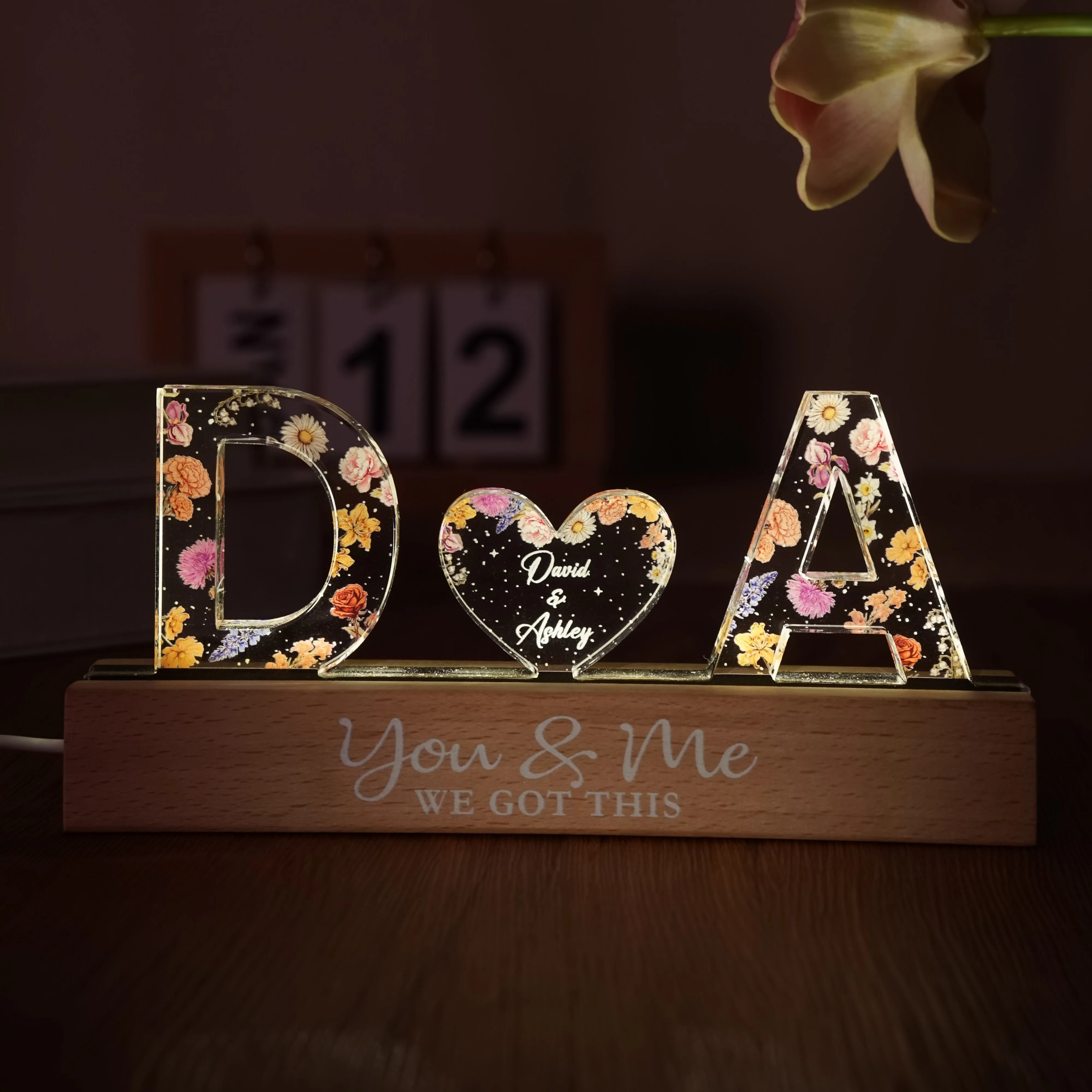 Couple Initials Floral Theme - Personalized Acrylic Block Plaque LED Night Light - Gift For Her, Gift For Him - Image 5