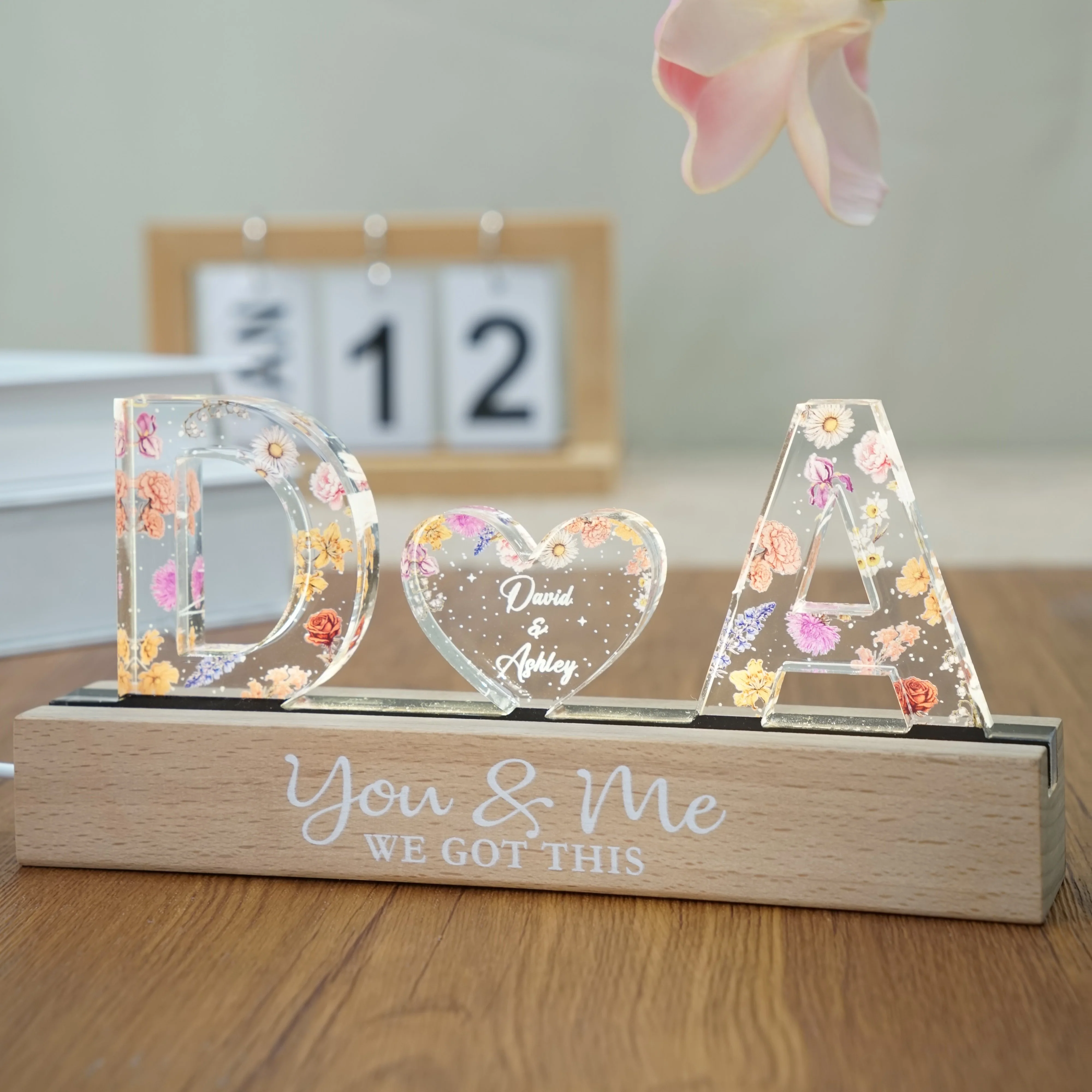 Couple Initials Floral Theme - Personalized Acrylic Block Plaque LED Night Light - Gift For Her, Gift For Him - Image 7