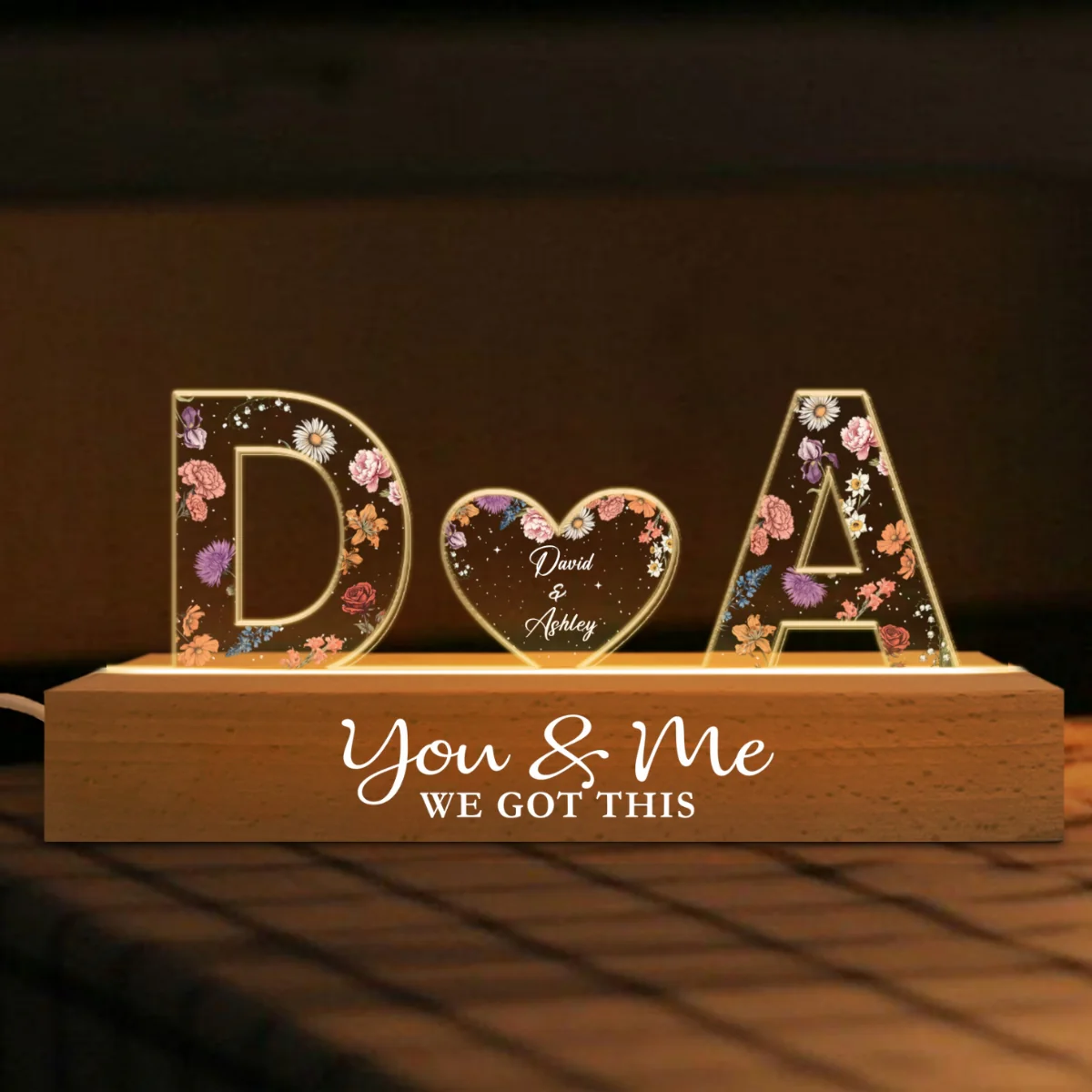 Couple Initials Floral Theme - Personalized Acrylic Block Plaque LED Night Light - Gift For Her, Gift For Him - Image 9