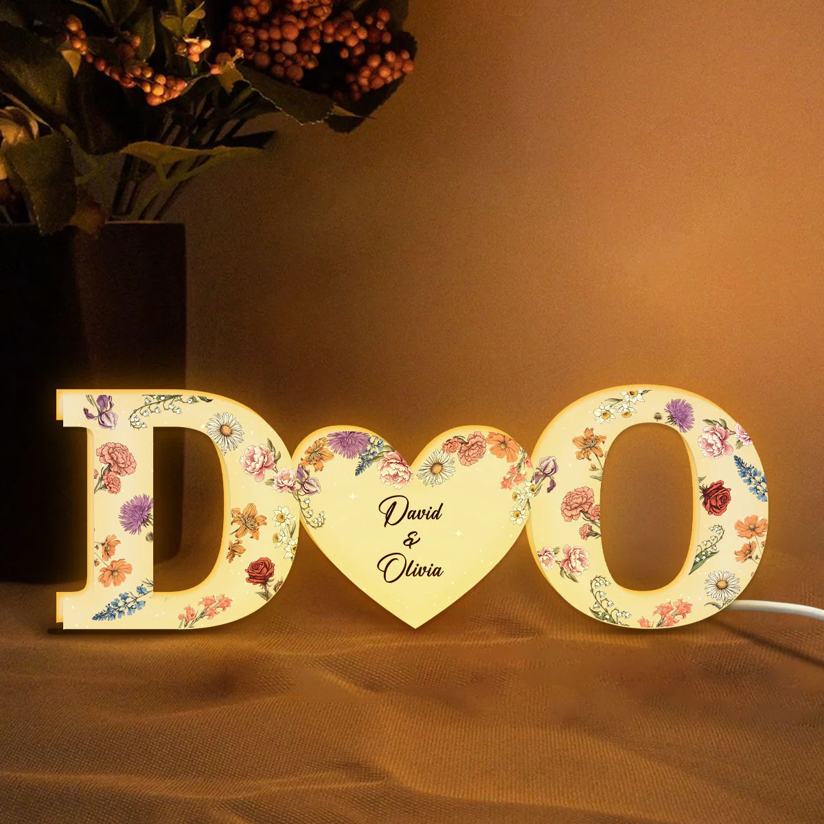 Couple Initials Floral Theme Anniversary Gift Personalized Frame LED Light Box - Image 2