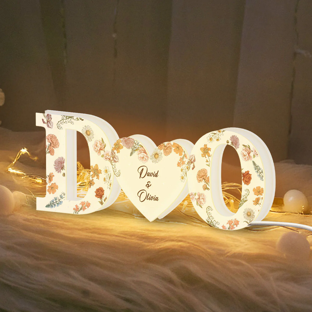 Couple Initials Floral Theme Anniversary Gift Personalized Frame LED Light Box - Image 3