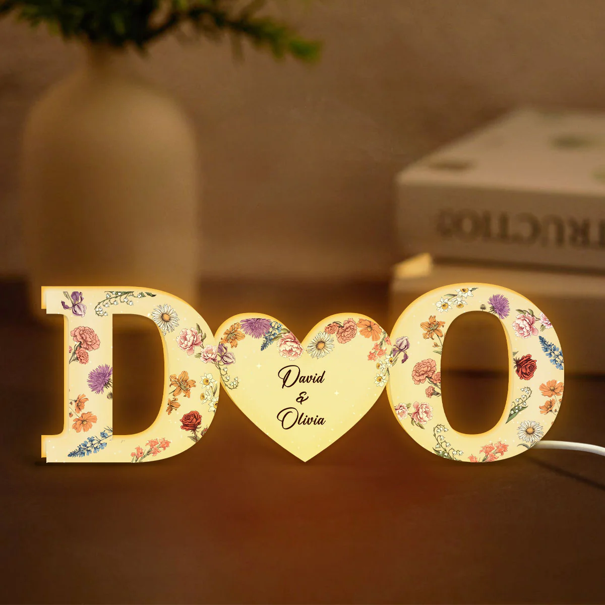 Couple Initials Floral Theme Anniversary Gift Personalized Frame LED Light Box - Image 4