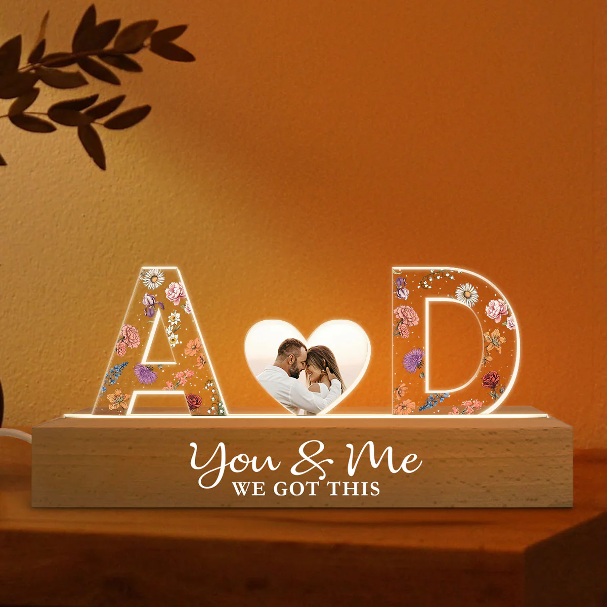 Couple Initials Floral Theme Photo Inserted Personalized Acrylic Block LED Night Light - Image 4