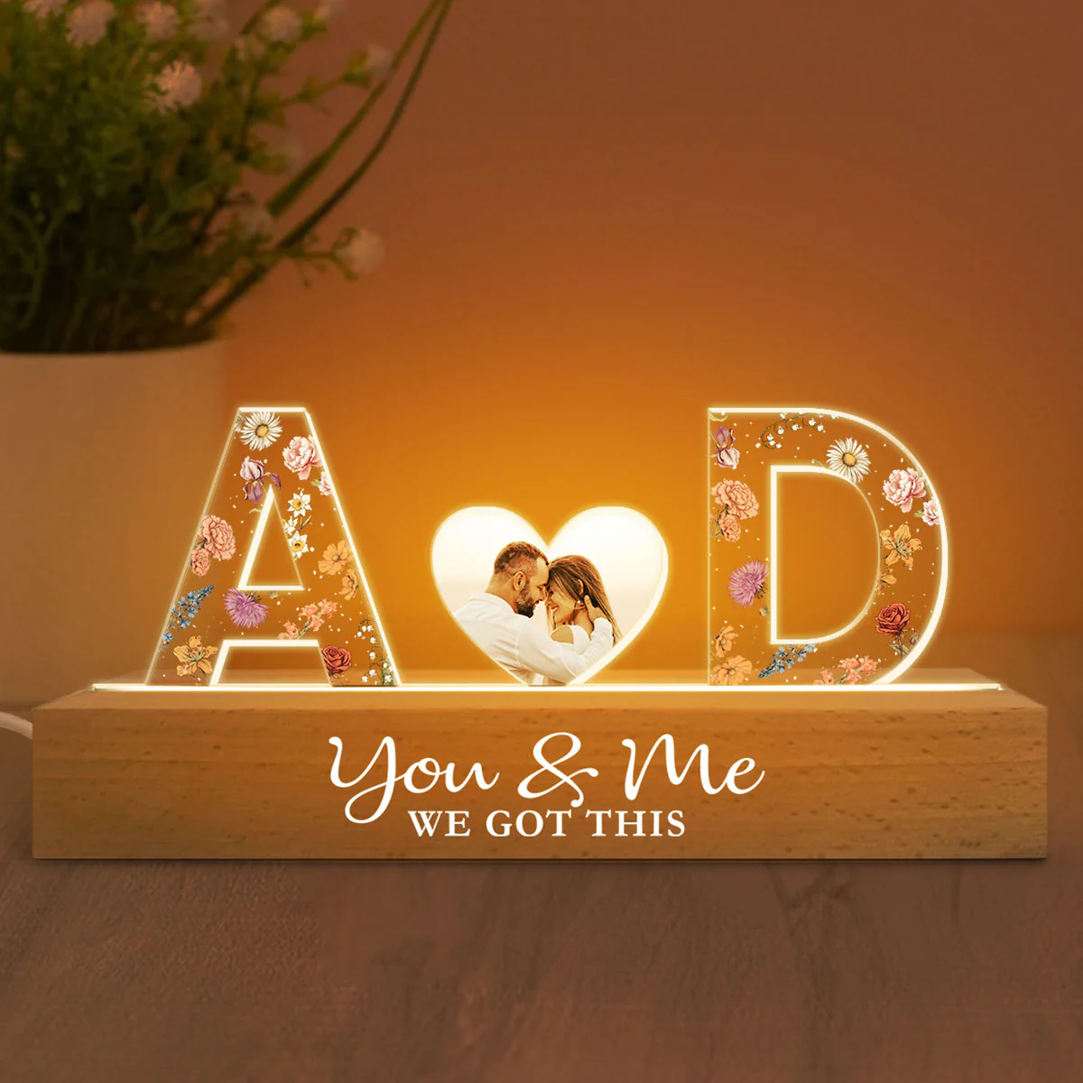 Couple Initials Floral Theme Photo Inserted Personalized Acrylic Block LED Night Light - Image 6