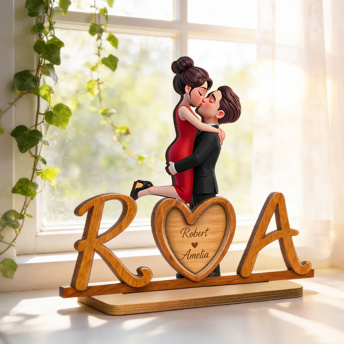 Couple Initials Heart - Personalized 2-Layered Wooden Plaque - Valentine's Day Gift for Her, for Him - Image 2