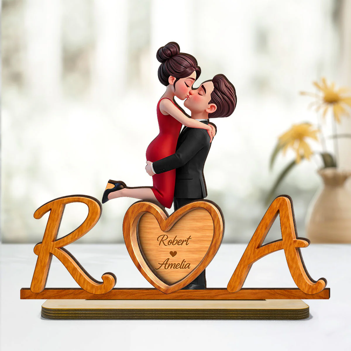 Couple Initials Heart - Personalized 2-Layered Wooden Plaque - Valentine's Day Gift for Her, for Him - Image 4