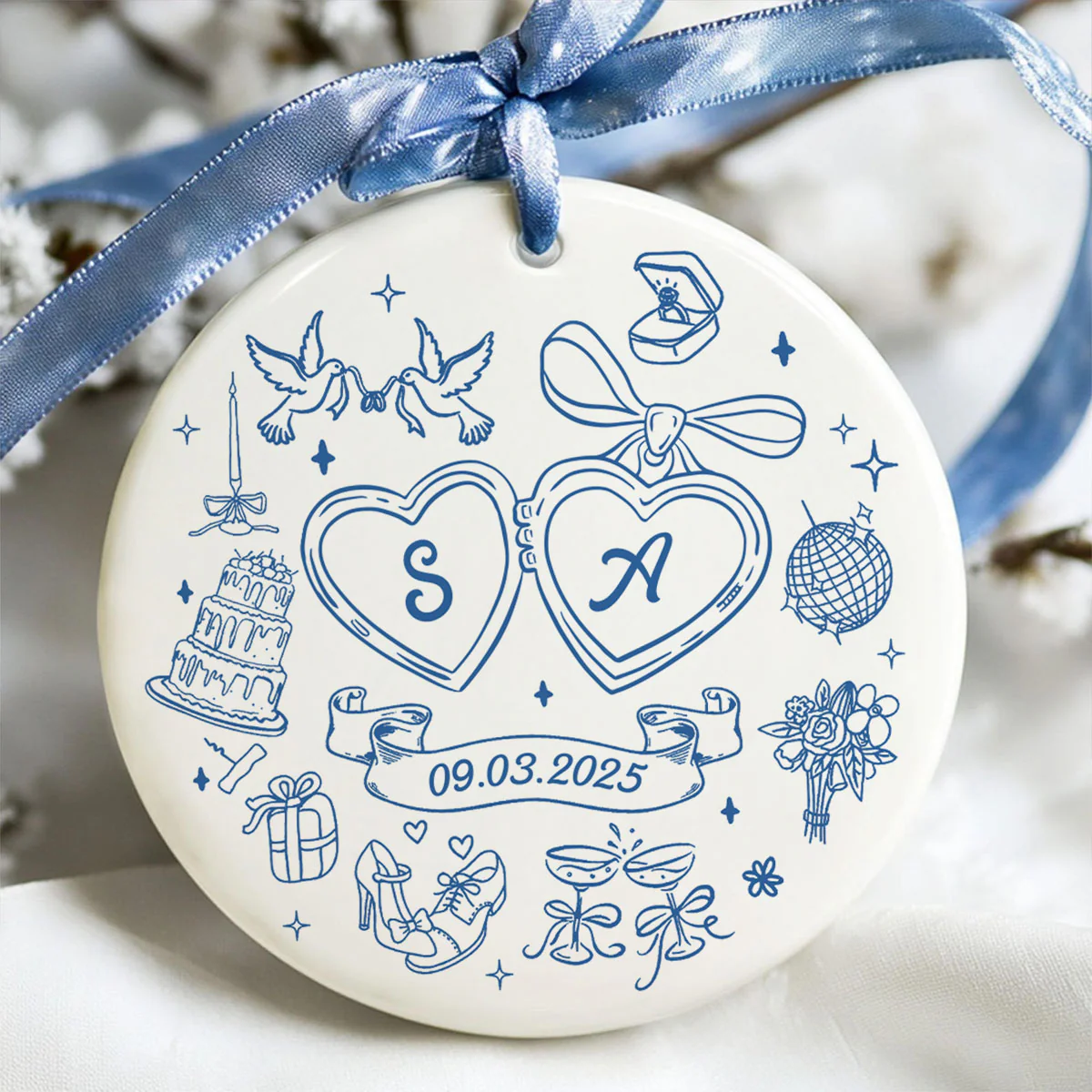 Couple Initials Locket Coquette Doodle Personalized Ceramic Ornament, First Christmas Gift, Married, Engagement Gift for Couples