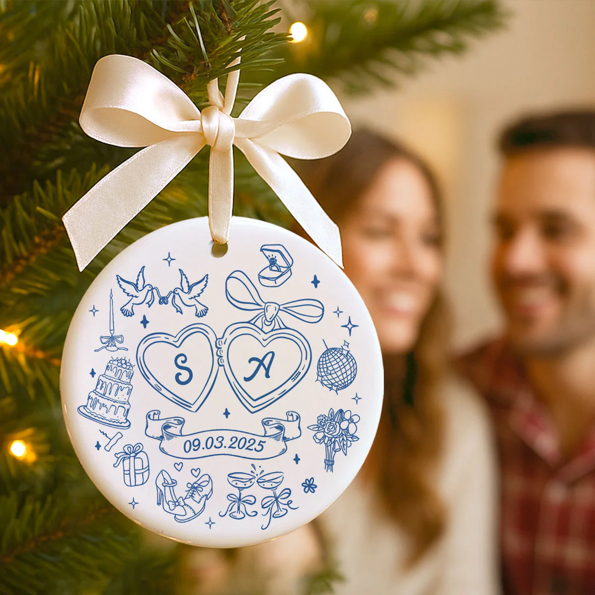 Couple Initials Locket Coquette Doodle Personalized Ceramic Ornament, First Christmas Gift, Married, Engagement Gift for Couples - Image 10