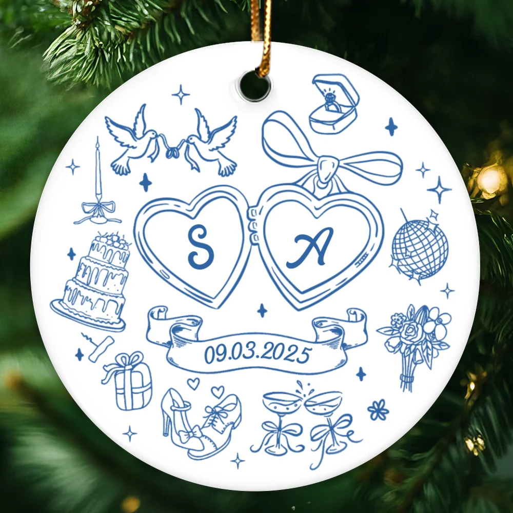 Couple Initials Locket Coquette Doodle Personalized Ceramic Ornament, First Christmas Gift, Married, Engagement Gift for Couples - Image 12