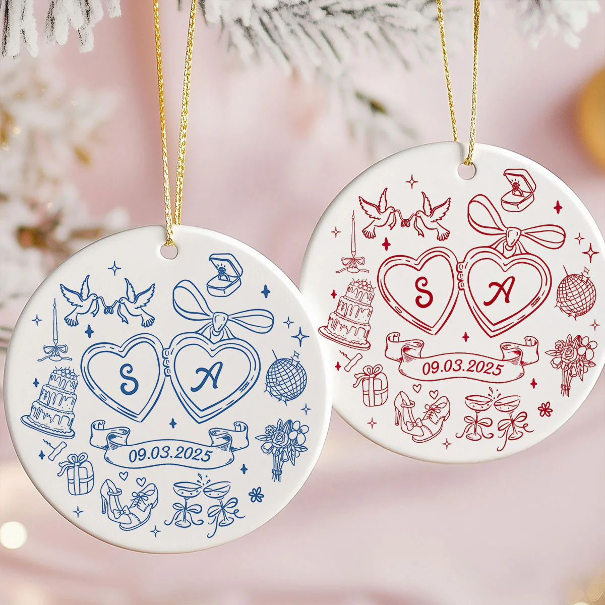Couple Initials Locket Coquette Doodle Personalized Ceramic Ornament, First Christmas Gift, Married, Engagement Gift for Couples - Image 2