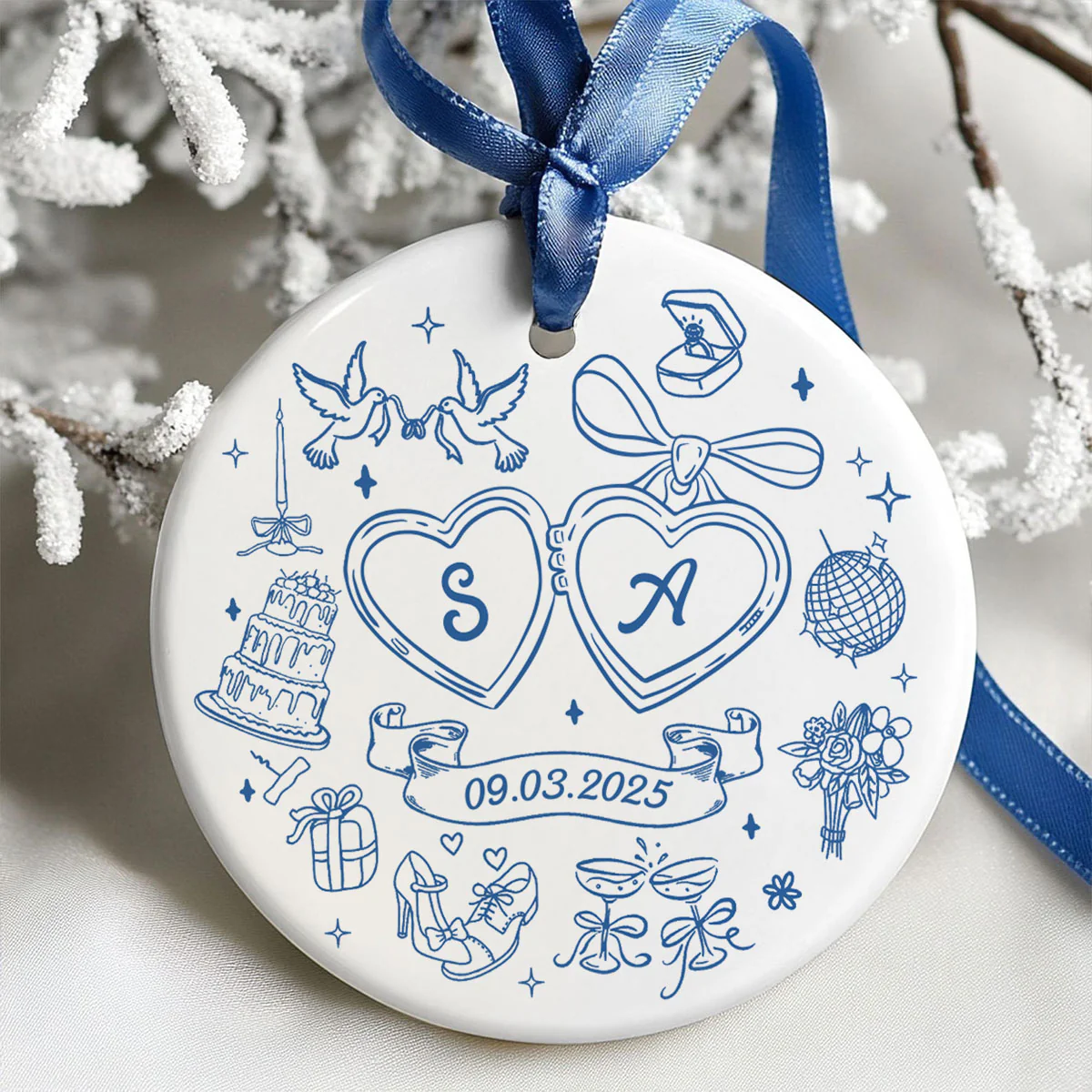 Couple Initials Locket Coquette Doodle Personalized Ceramic Ornament, First Christmas Gift, Married, Engagement Gift for Couples - Image 7