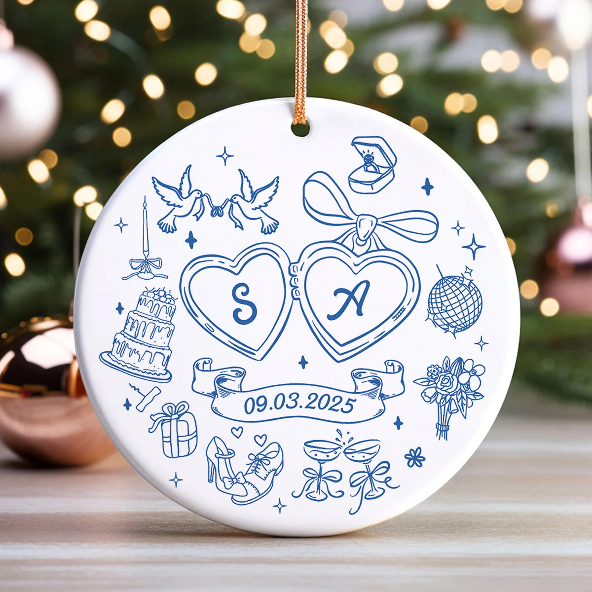 Couple Initials Locket Coquette Doodle Personalized Ceramic Ornament, First Christmas Gift, Married, Engagement Gift for Couples - Image 8