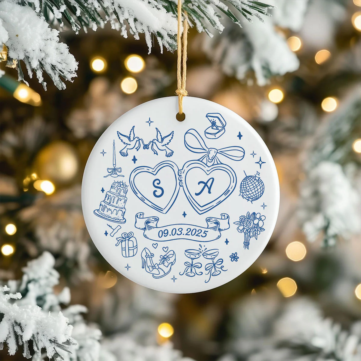Couple Initials Locket Coquette Doodle Personalized Ceramic Ornament, First Christmas Gift, Married, Engagement Gift for Couples - Image 9