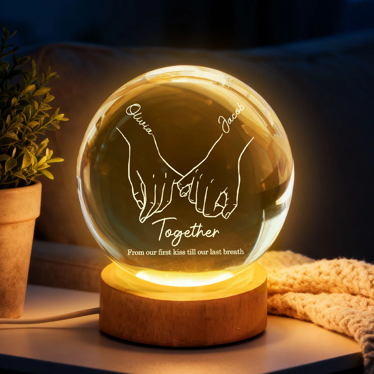 Couple Interlocked Hands - Personalized Crystal Ball LED Night Light - Sentimental Gift for Her, for Him, Couple Keepsake