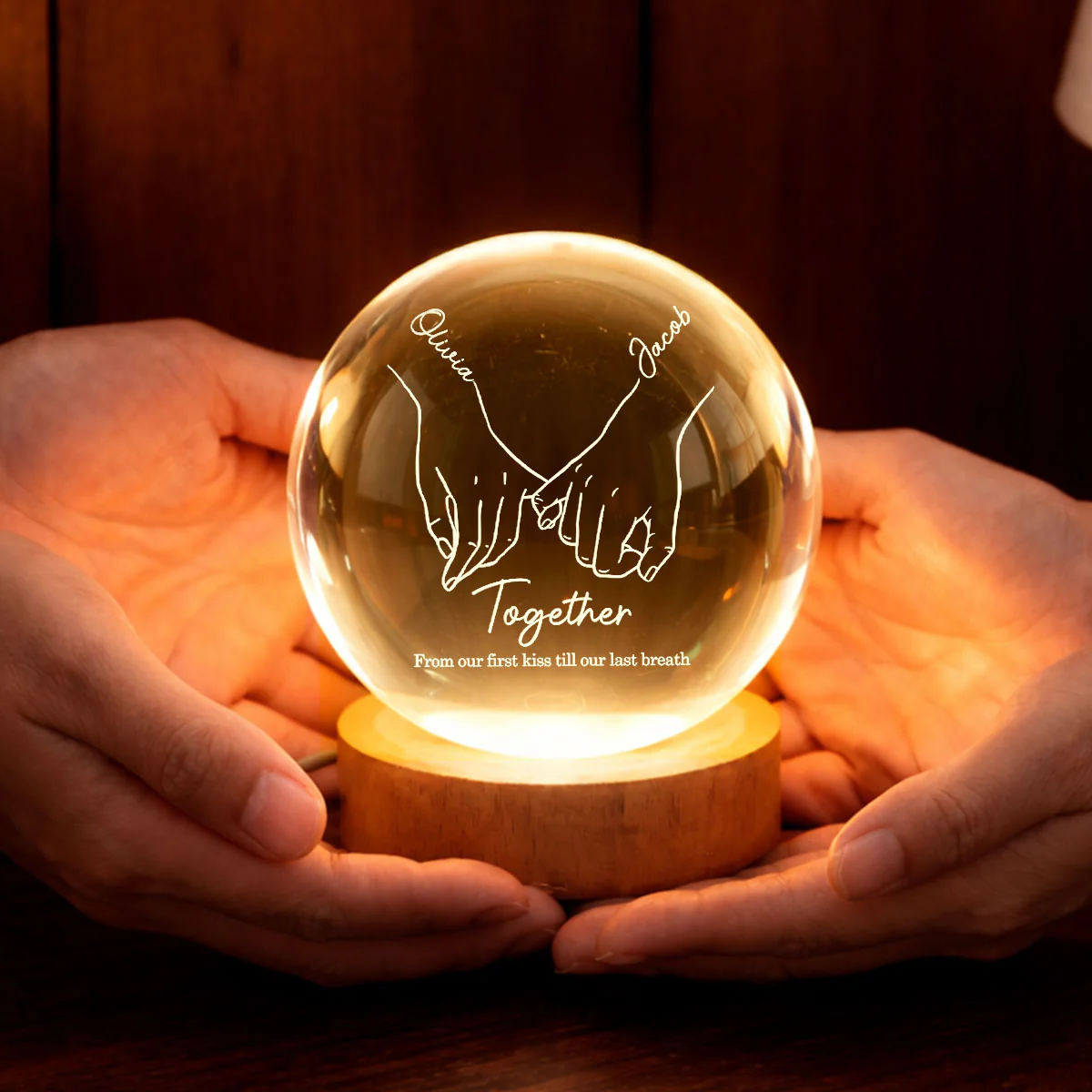 Couple Interlocked Hands - Personalized Crystal Ball LED Night Light - Sentimental Gift for Her, for Him, Couple Keepsake - Image 3