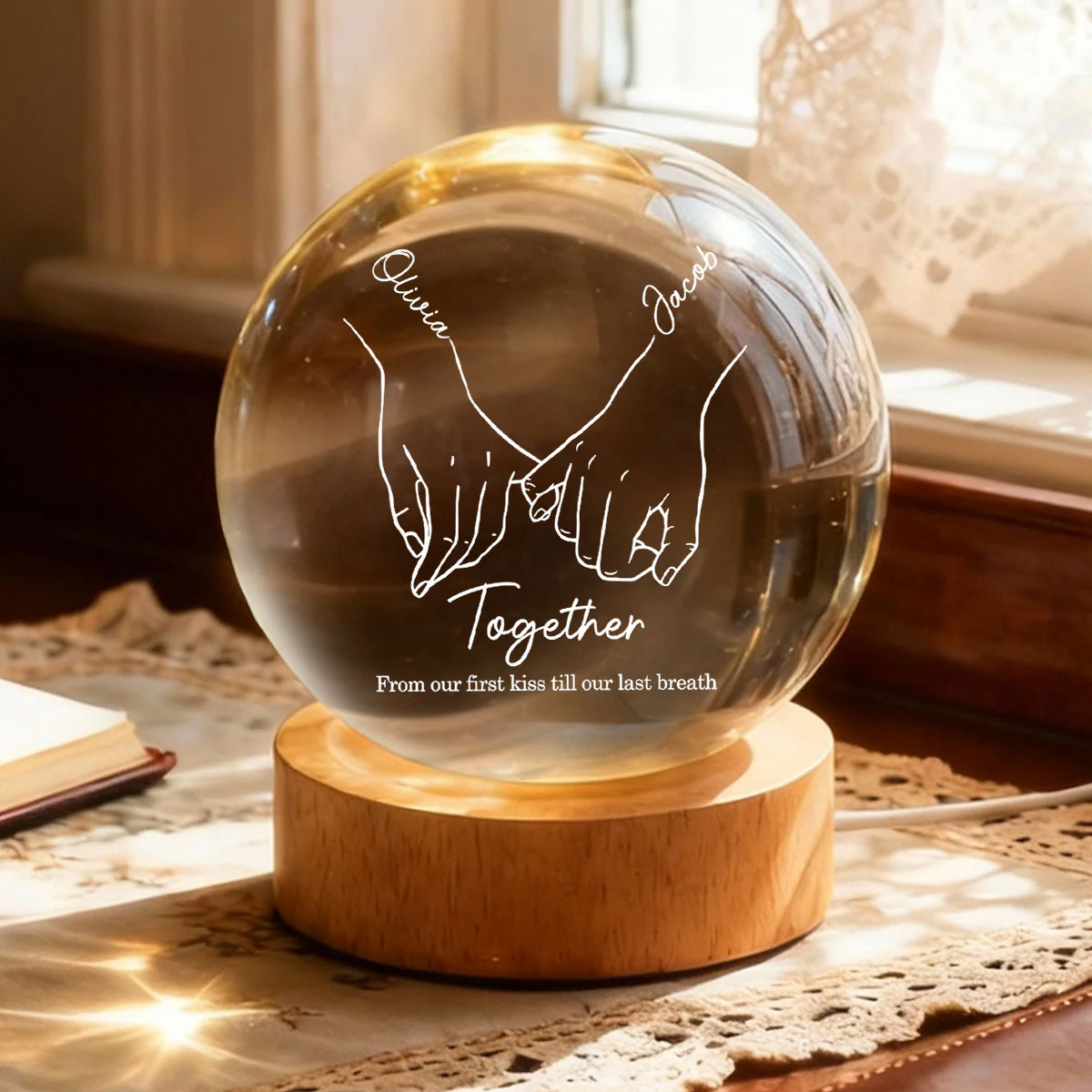 Couple Interlocked Hands - Personalized Crystal Ball LED Night Light - Sentimental Gift for Her, for Him, Couple Keepsake - Image 4