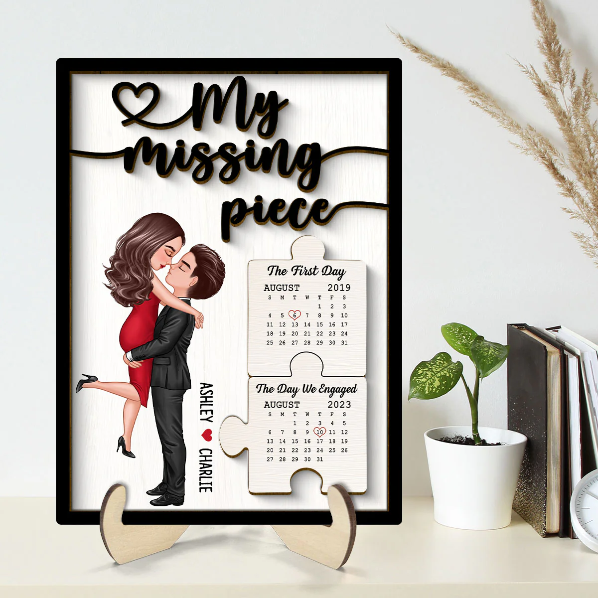 Couple Kissing Anniversary Dates Puzzle Personalized 2-layer Wooden Plaque - Image 2
