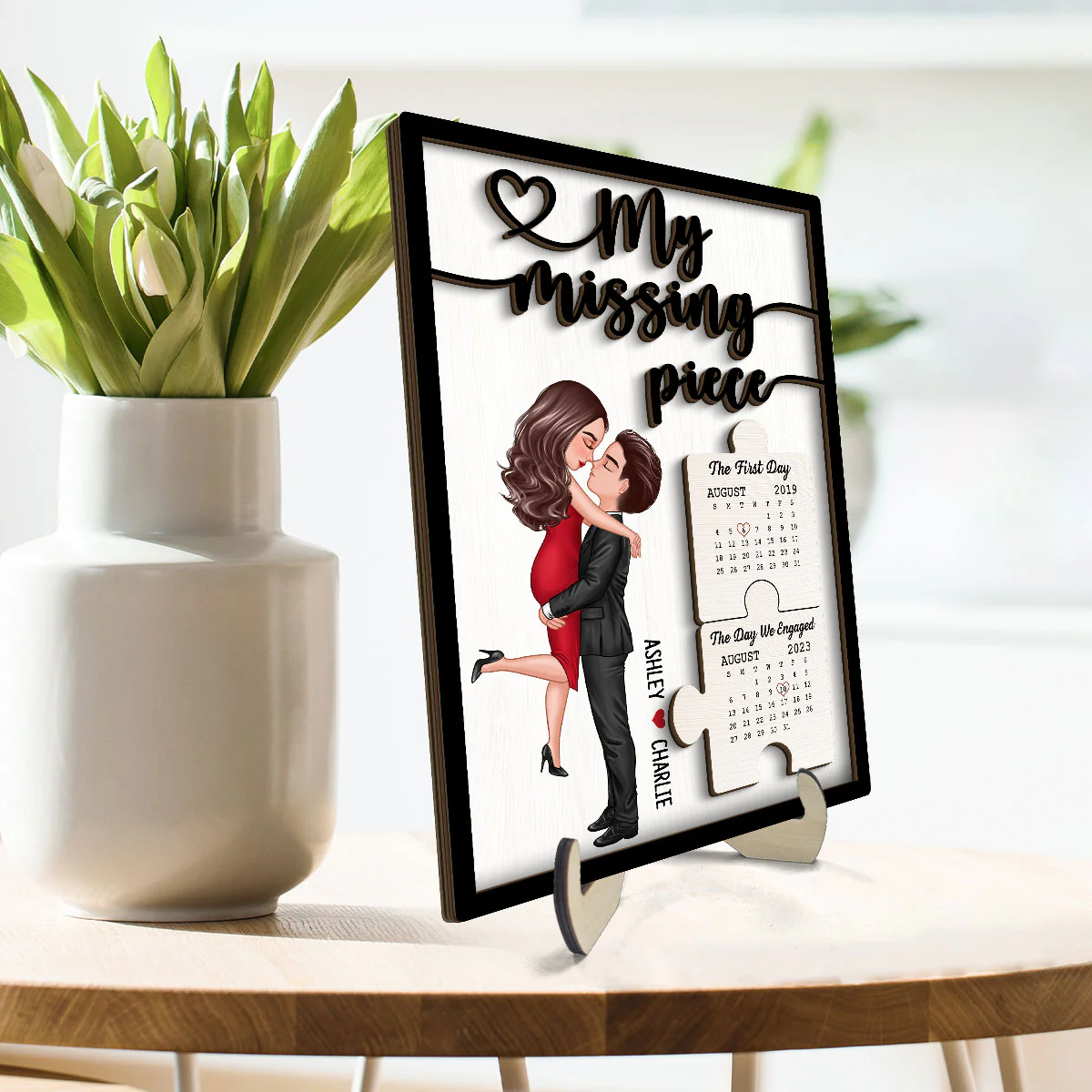 Couple Kissing Anniversary Dates Puzzle Personalized 2-layer Wooden Plaque - Image 3