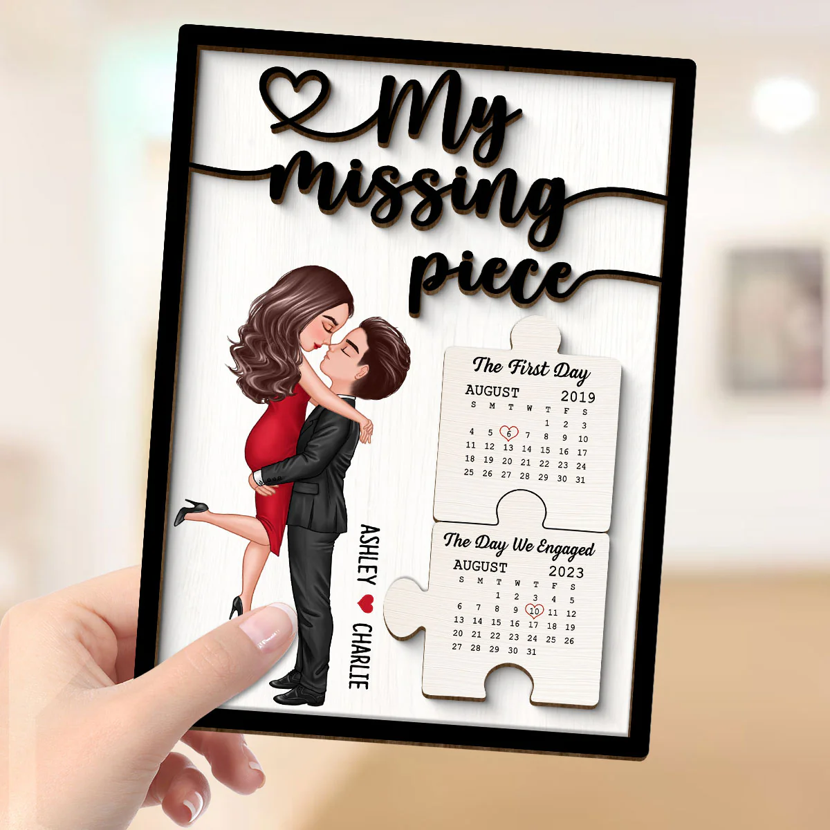 Couple Kissing Anniversary Dates Puzzle Personalized 2-layer Wooden Plaque - Image 4
