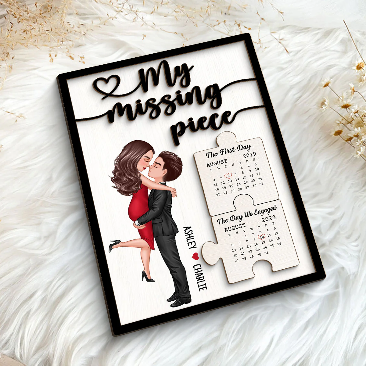 Couple Kissing Anniversary Dates Puzzle Personalized 2-layer Wooden Plaque - Image 5