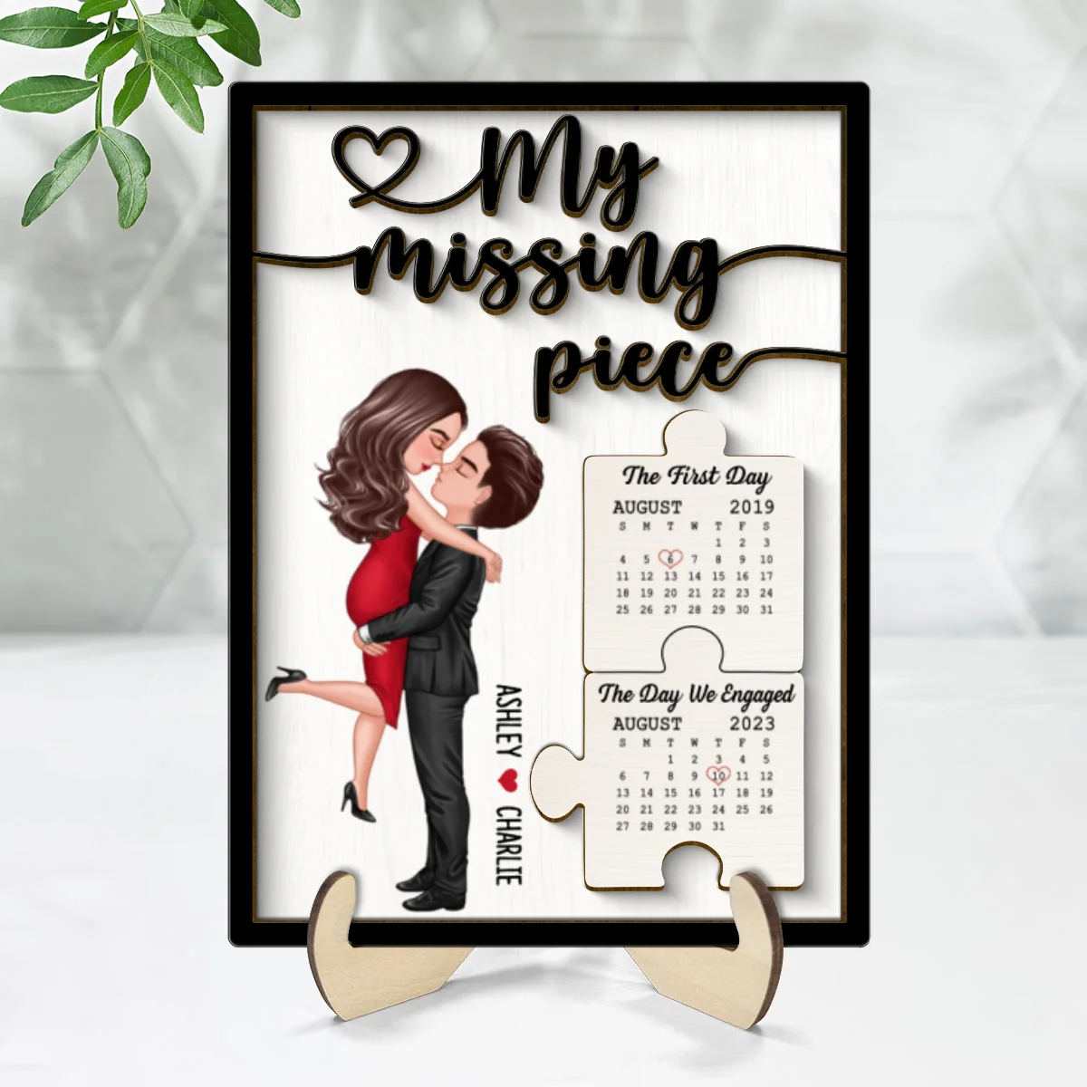 Couple Kissing Anniversary Dates Puzzle Personalized 2-layer Wooden Plaque - Image 8