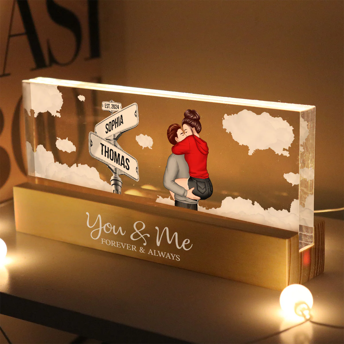Couple Kissing Beside Street Signs Personalized Acrylic Block LED Night Light, Gift For Him, For Her, Boyfriend, Girlfriend, Husband, Wife