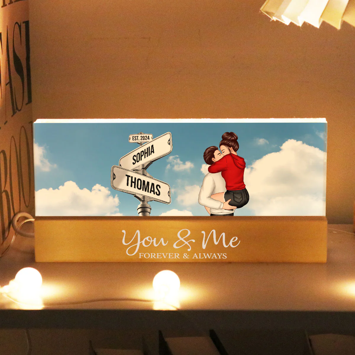 Couple Kissing Beside Street Signs Personalized Acrylic Block LED Night Light, Gift For Him, For Her, Boyfriend, Girlfriend, Husband, Wife - Image 4