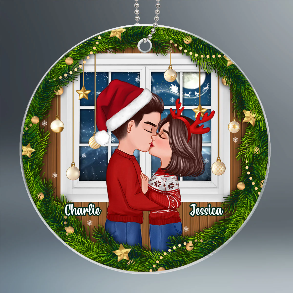 Couple Kissing By The Window Christmas Personalized Acrylic Ornament - Image 2