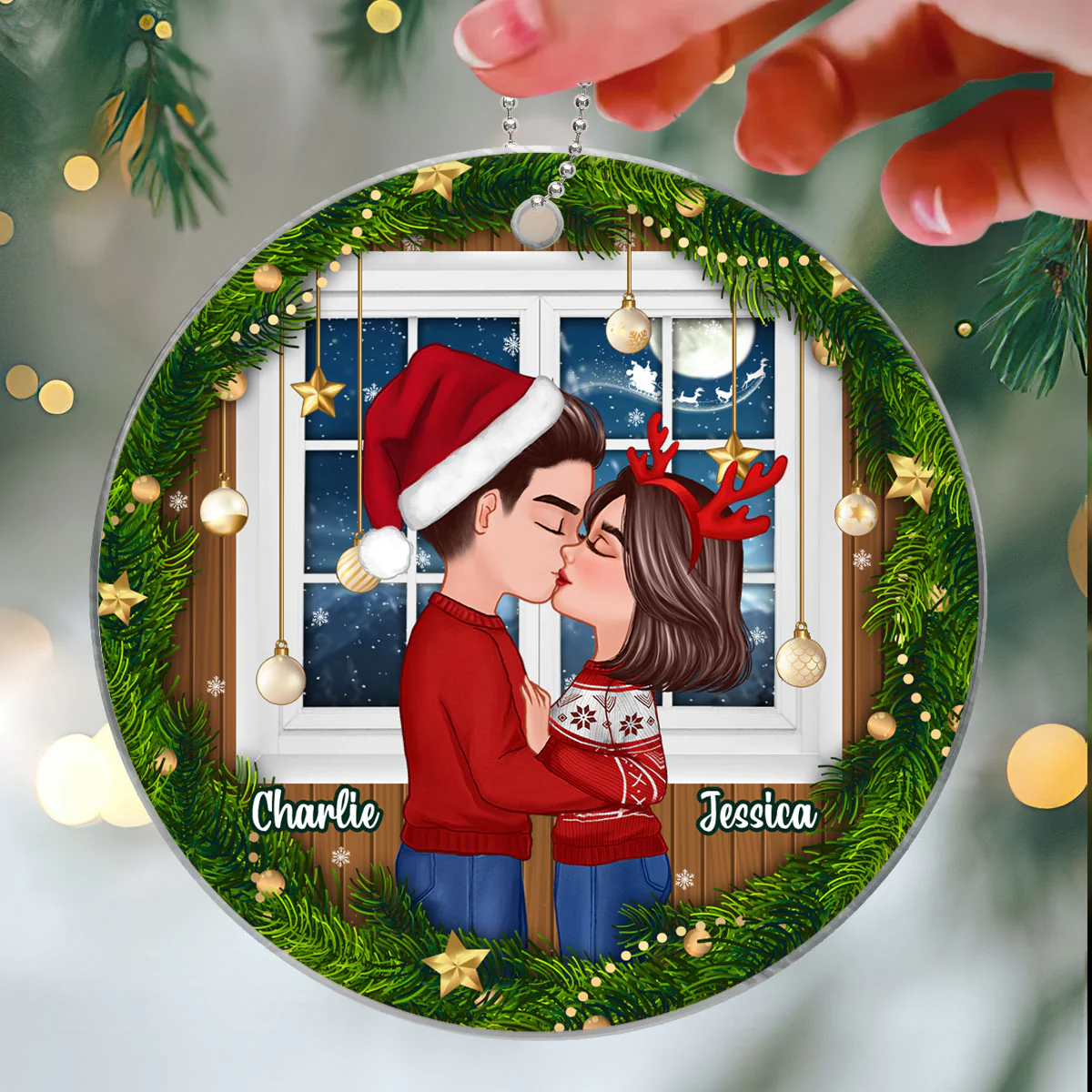 Couple Kissing By The Window Christmas Personalized Acrylic Ornament - Image 3