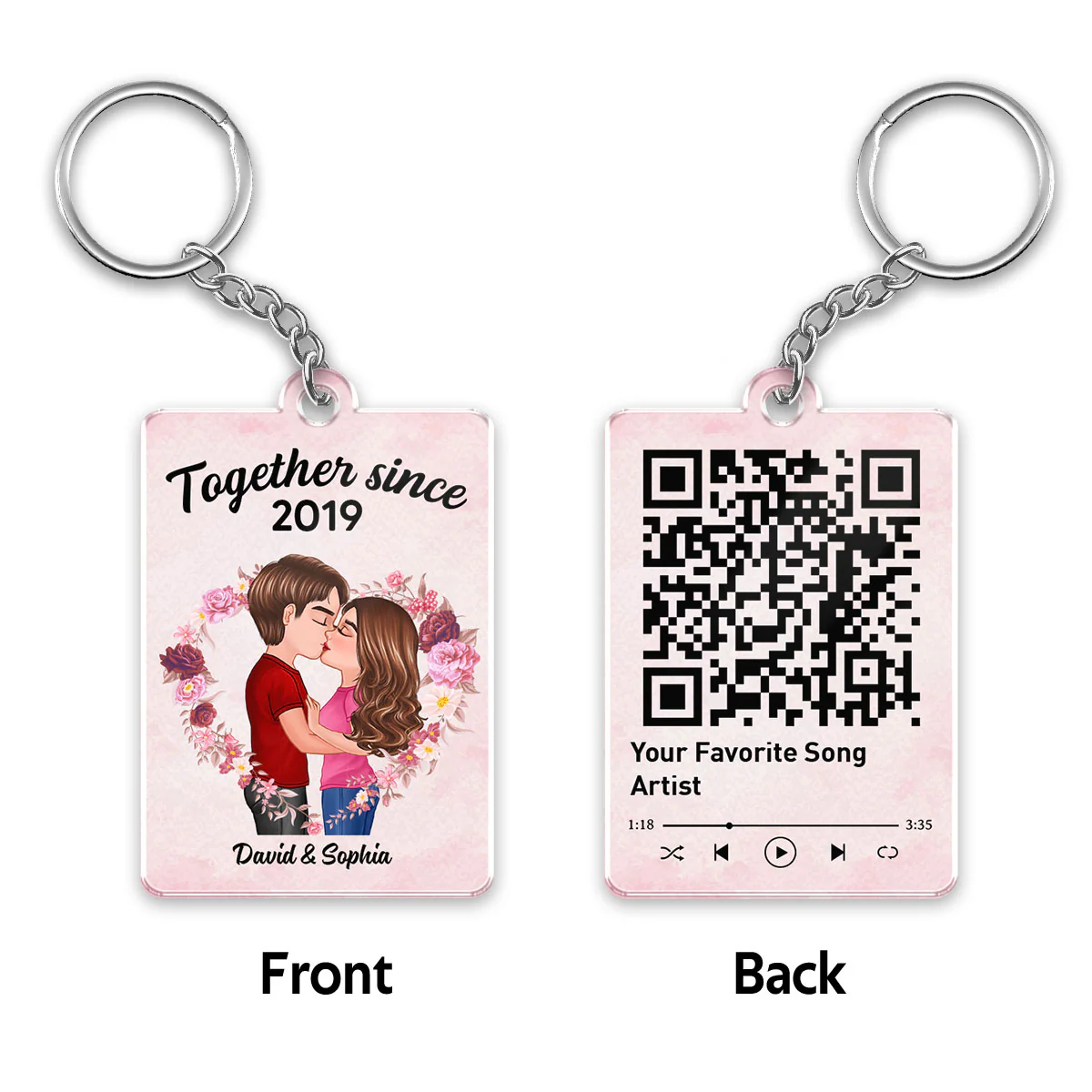 Couple Kissing Floral Heart Favorite Song QR Code Personalized Acrylic Keychain