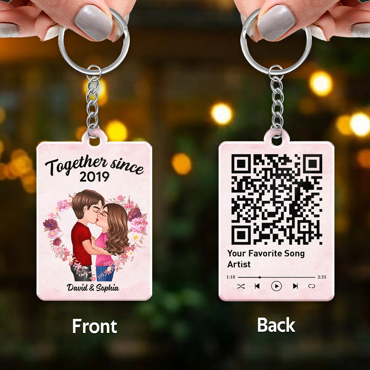 Couple Kissing Floral Heart Favorite Song QR Code Personalized Acrylic Keychain - Image 3