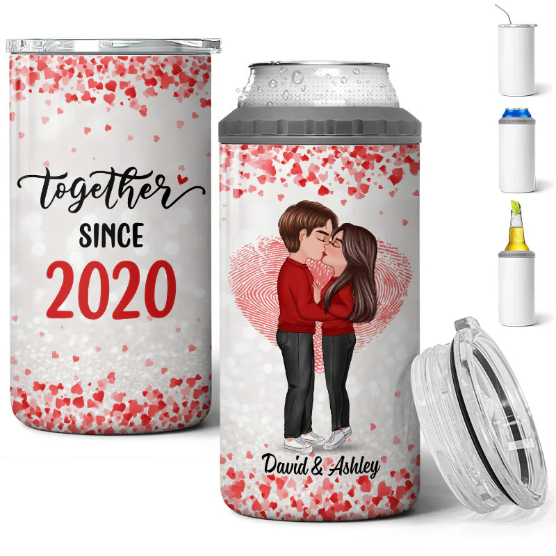 Couple Kissing Flying Heart Valentine‘s Day Gift Personalized Multi-use Tumbler 4 In 1 Can Cooler - Image 3