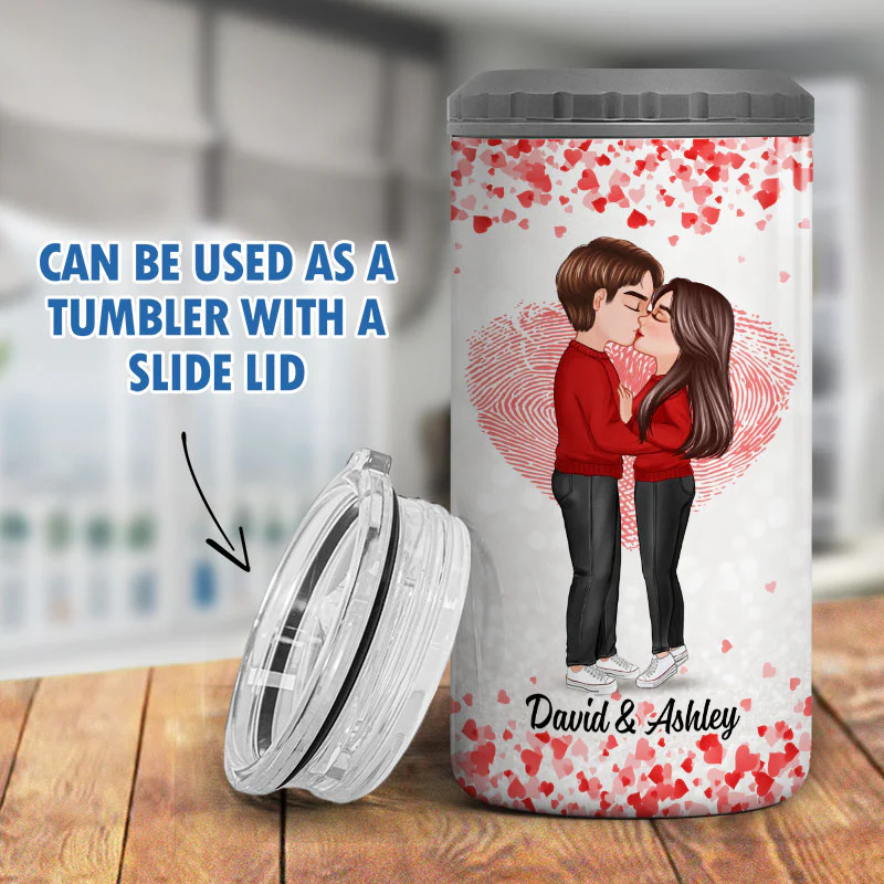 Couple Kissing Flying Heart Valentine‘s Day Gift Personalized Multi-use Tumbler 4 In 1 Can Cooler - Image 9