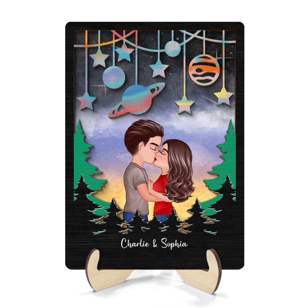 Couple Kissing Galaxy Theme Gift For Him Gift For Her Personalized 2-layer Wooden Plaque