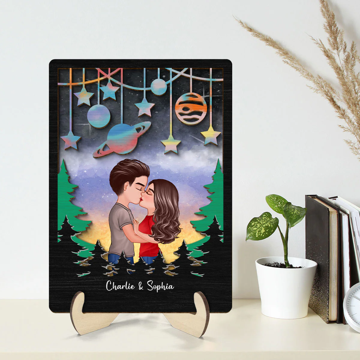 Couple Kissing Galaxy Theme Gift For Him Gift For Her Personalized 2-layer Wooden Plaque - Image 2