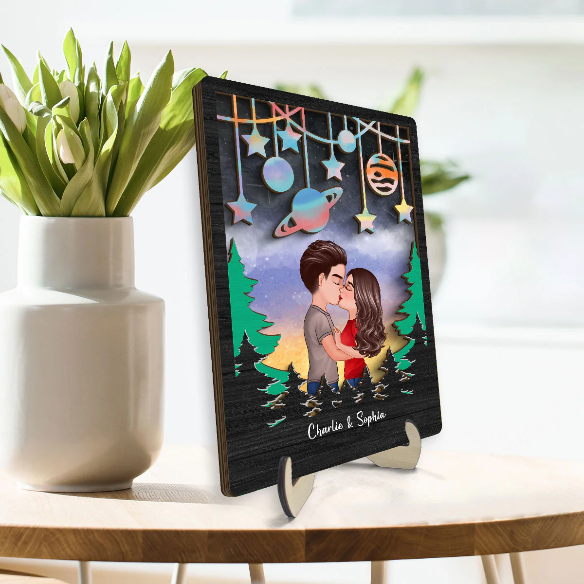 Couple Kissing Galaxy Theme Gift For Him Gift For Her Personalized 2-layer Wooden Plaque - Image 3