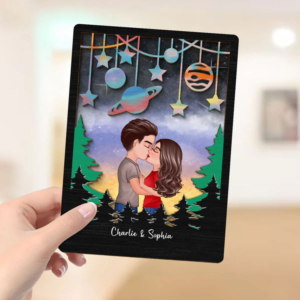 Couple Kissing Galaxy Theme Gift For Him Gift For Her Personalized 2-layer Wooden Plaque - Image 4