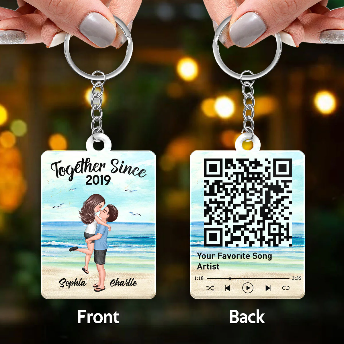 Couple Kissing Hugging On Beach Favorite Song Scannable QR Code Personalized Acrylic Keychain - Image 3