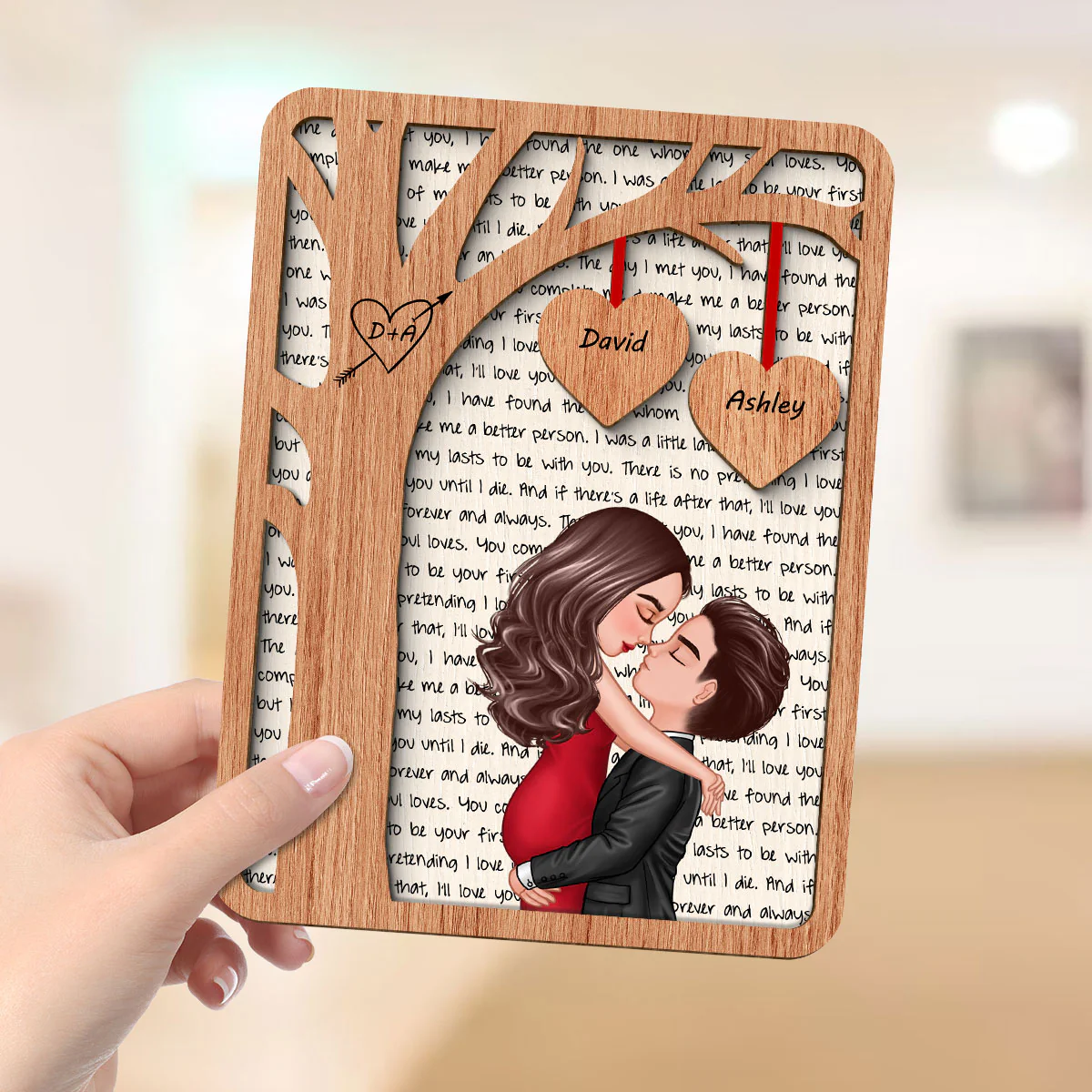 Couple Kissing Hugging Under Tree Letters Background Personalized 2-Layer Wooden Plaque - Image 4