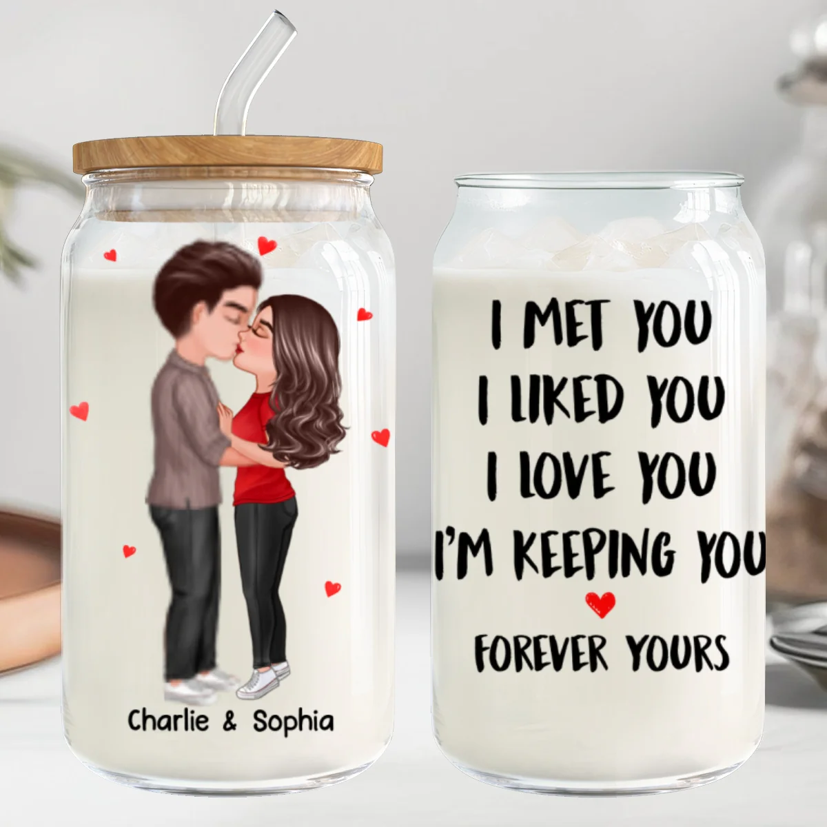 Couple Kissing I Met You Personalized Clear Glass Can - Image 11