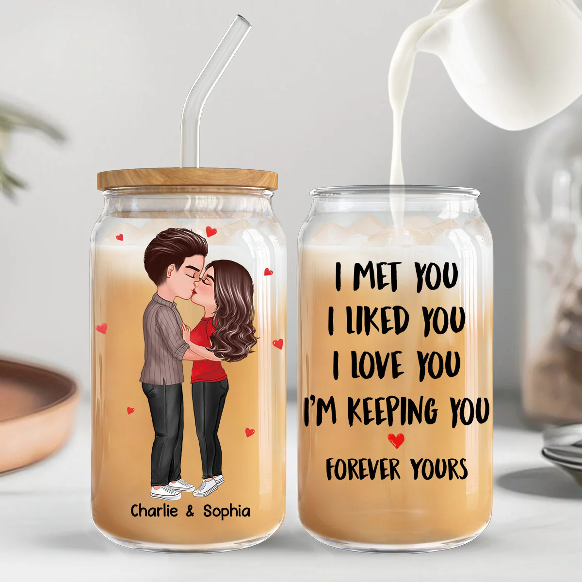 Couple Kissing I Met You Personalized Clear Glass Can - Image 7