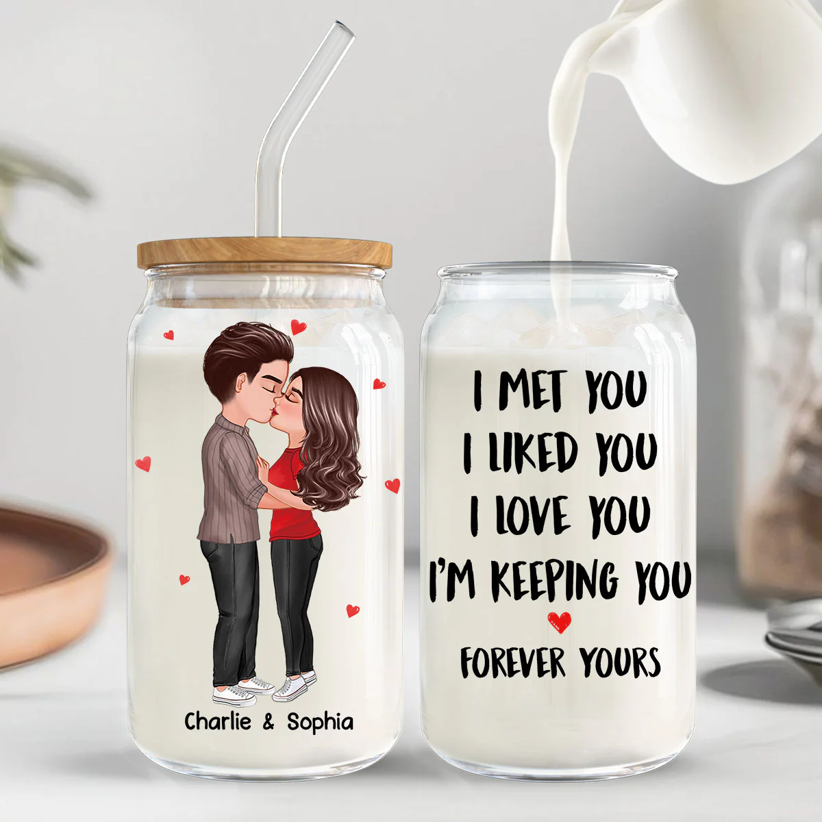 Couple Kissing I Met You Personalized Clear Glass Can - Image 8